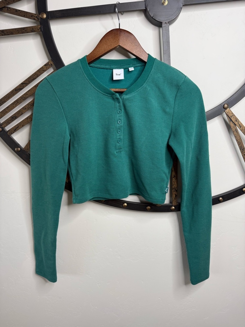 TNA Teal Green Cropped Henley Long-Sleeve Top